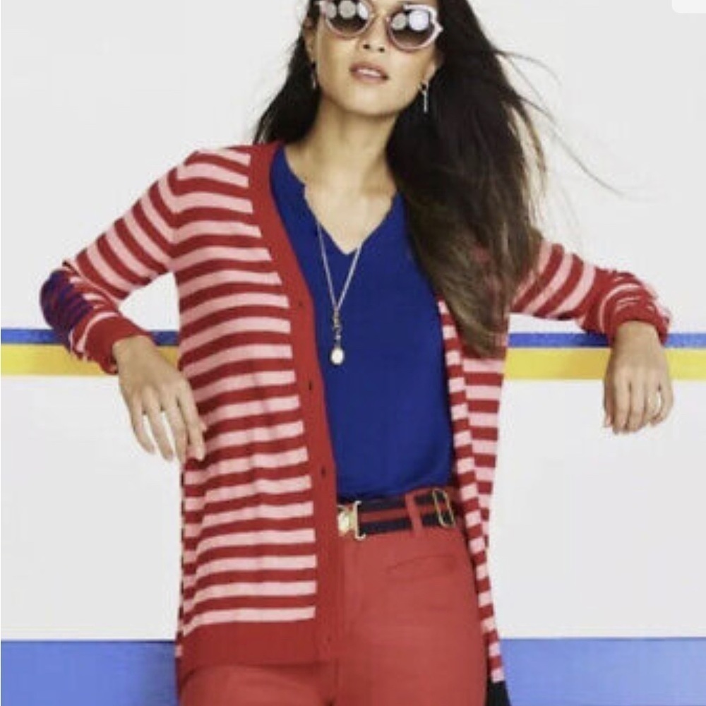 Cabi #5446 - Cranberry Picnic Cardigan Summer Stripe cotton sweater, M